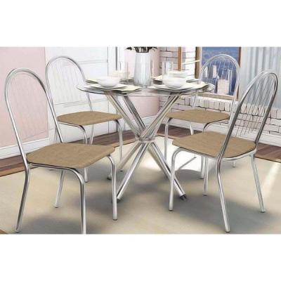 Conjunto: Mesa Sala Jantar Volga C- Tampo De Vidro 95cm E 4 Cadeiras Noruega Cromada - Courano Capuccino - Kappesberg