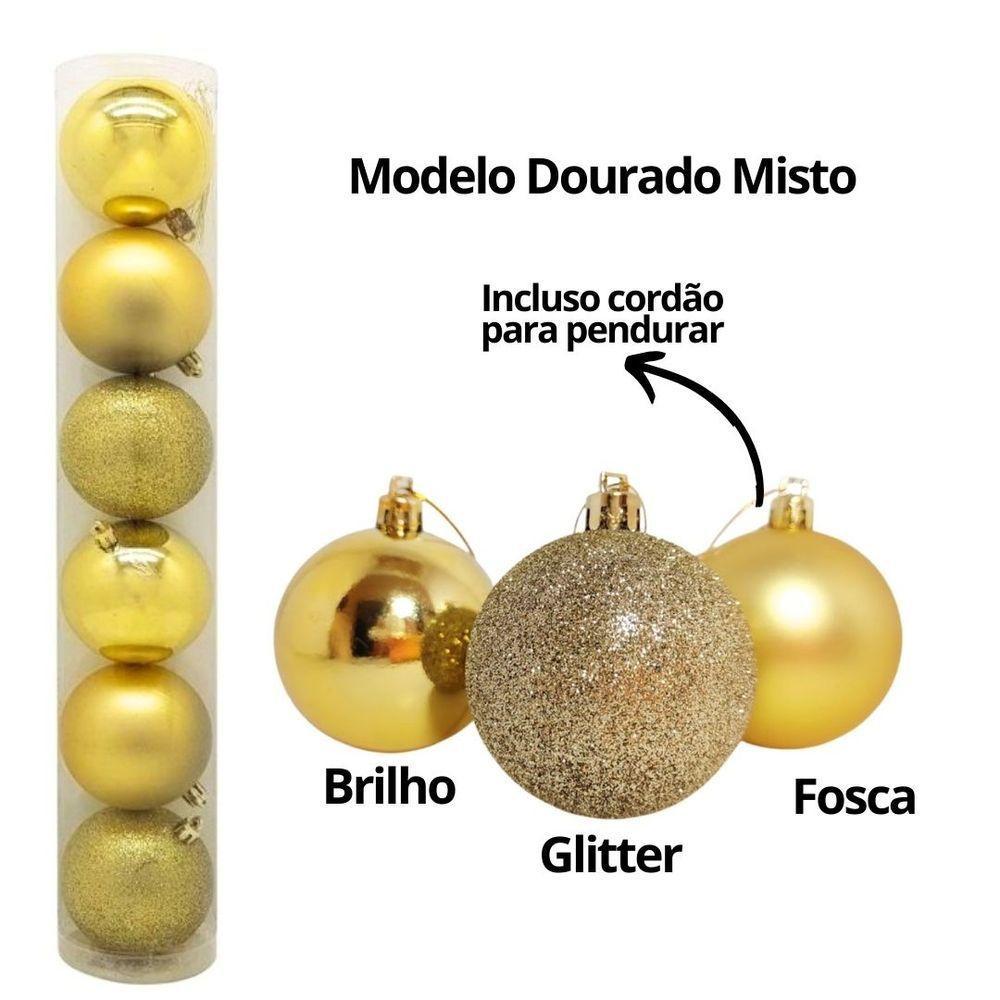 Conjunto 6 Bolas De Natal Dourado Tradicional Misto Glitter, Brilho E Fosca 8cm Prime - 5