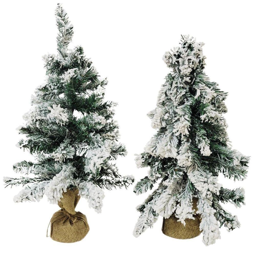 Jogo 2 Pinheiros Enfeite De Mesa Nevado Rústico Luxo Base Linho Juta 60cm - Bela Flor - 1