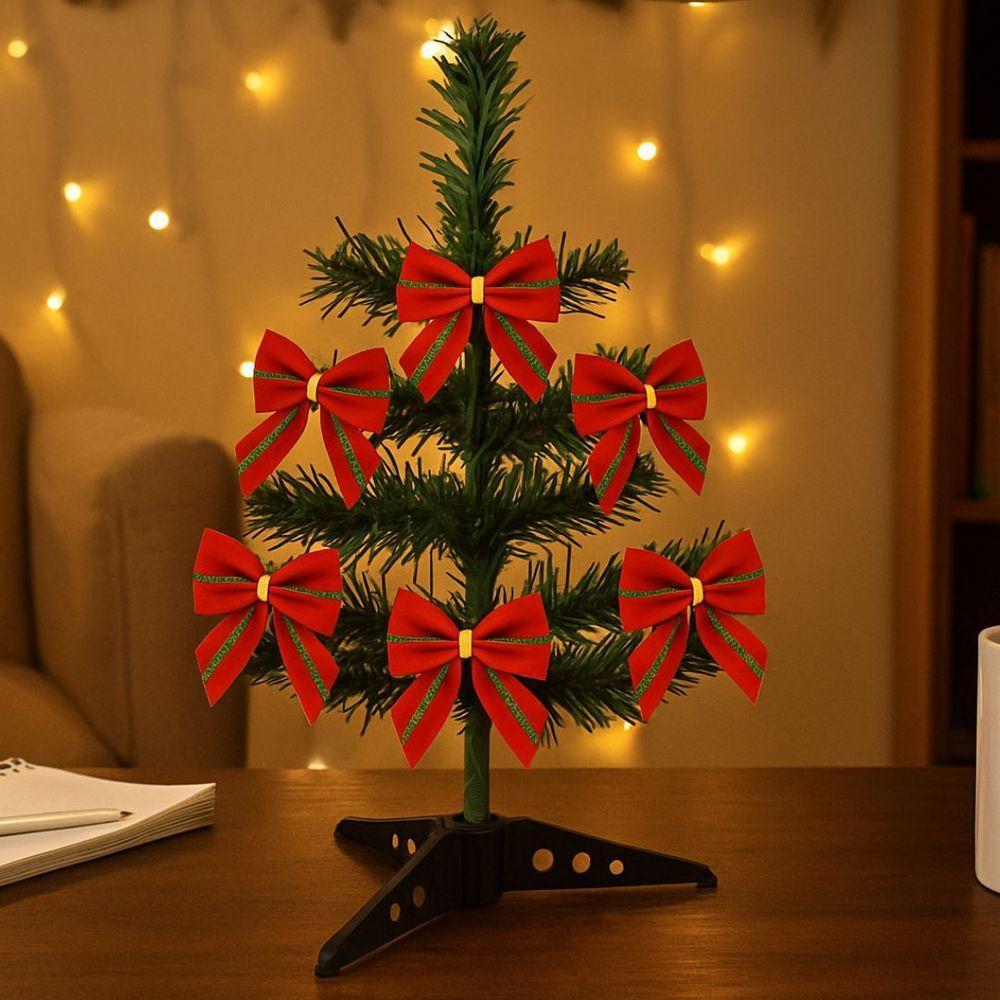 Mini árvore De Natal Decorada 30cm Com 6 Laços Vermelho E Verde Galão - 3