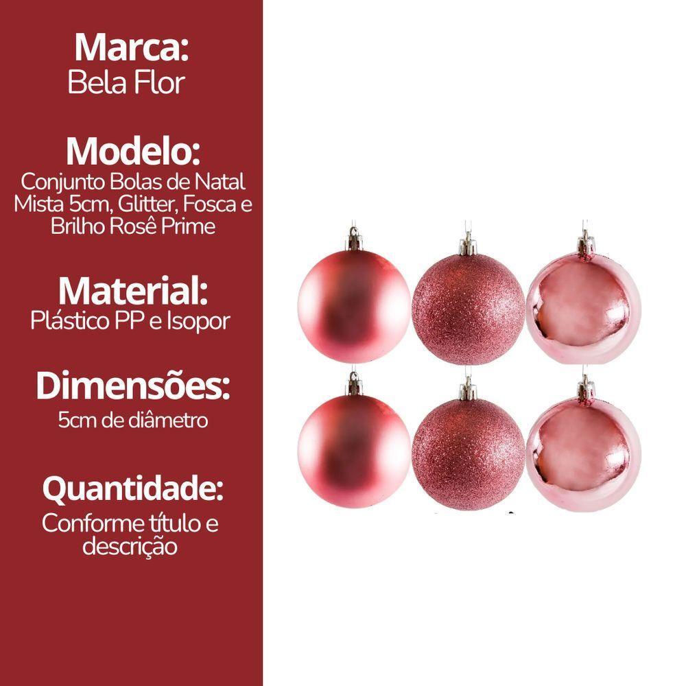 Conjunto 6 Bolas De Natal Rosê Prime Texturas Mistas 5cm Glitter, Brilho E Fosca - 6