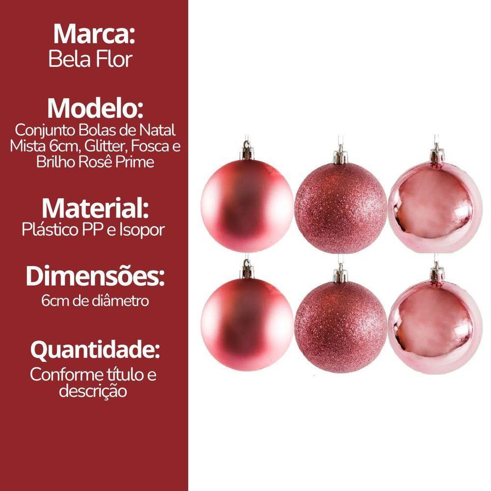 Conjunto 12 Bolas De Natal Rosê Prime Texturas Mistas 6cm Glitter, Brilho E Fosca - 6