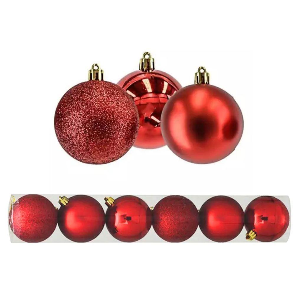 Conjunto 6 Bolas De Natal Vermelho Tradicional Misto Glitter, Brilho E Fosca 8cm Prime - 1