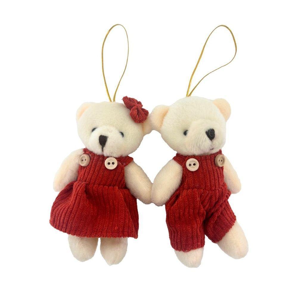 Jogo 2 Ursinhos Decorativos Natal Pelúcia Creme Casal Roupa Veludo Canelado Terracota 12cm - 1