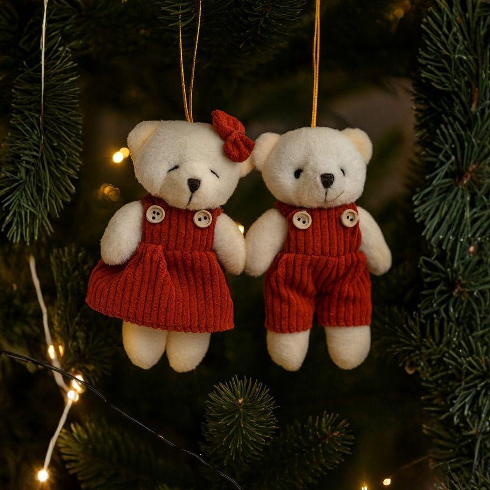 Jogo 2 Ursinhos Decorativos Natal Pelúcia Creme Casal Roupa Veludo Canelado Terracota 12cm - 2
