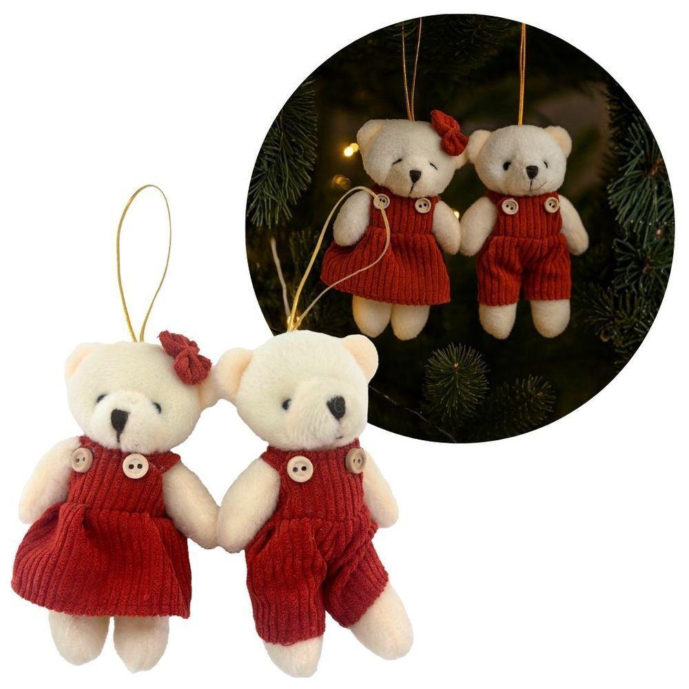 Jogo 2 Ursinhos Decorativos Natal Pelúcia Creme Casal Roupa Veludo Canelado Terracota 12cm - 3