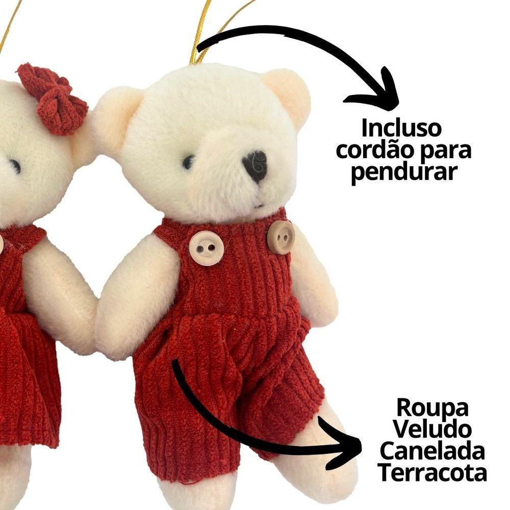 Jogo 2 Ursinhos Decorativos Natal Pelúcia Creme Casal Roupa Veludo Canelado Terracota 12cm - 5