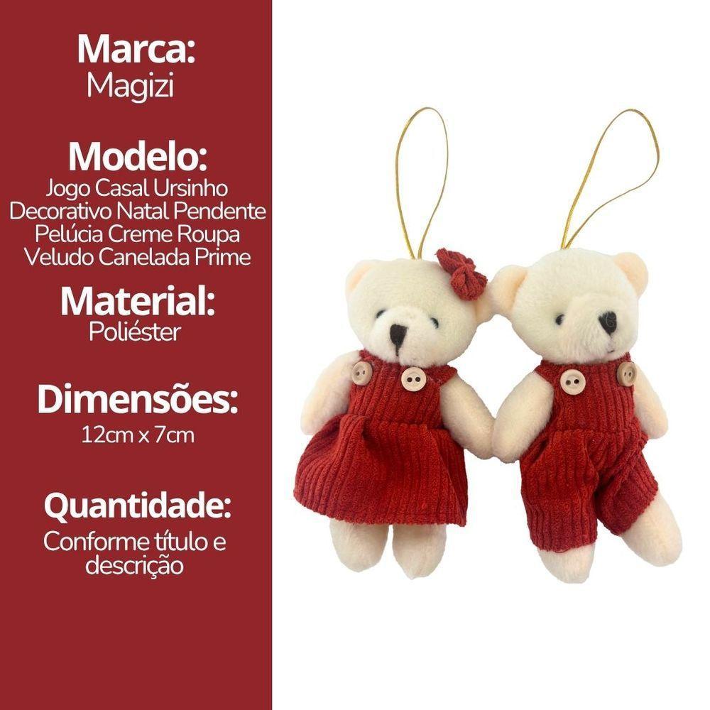 Jogo 2 Ursinhos Decorativos Natal Pelúcia Creme Casal Roupa Veludo Canelado Terracota 12cm - 6