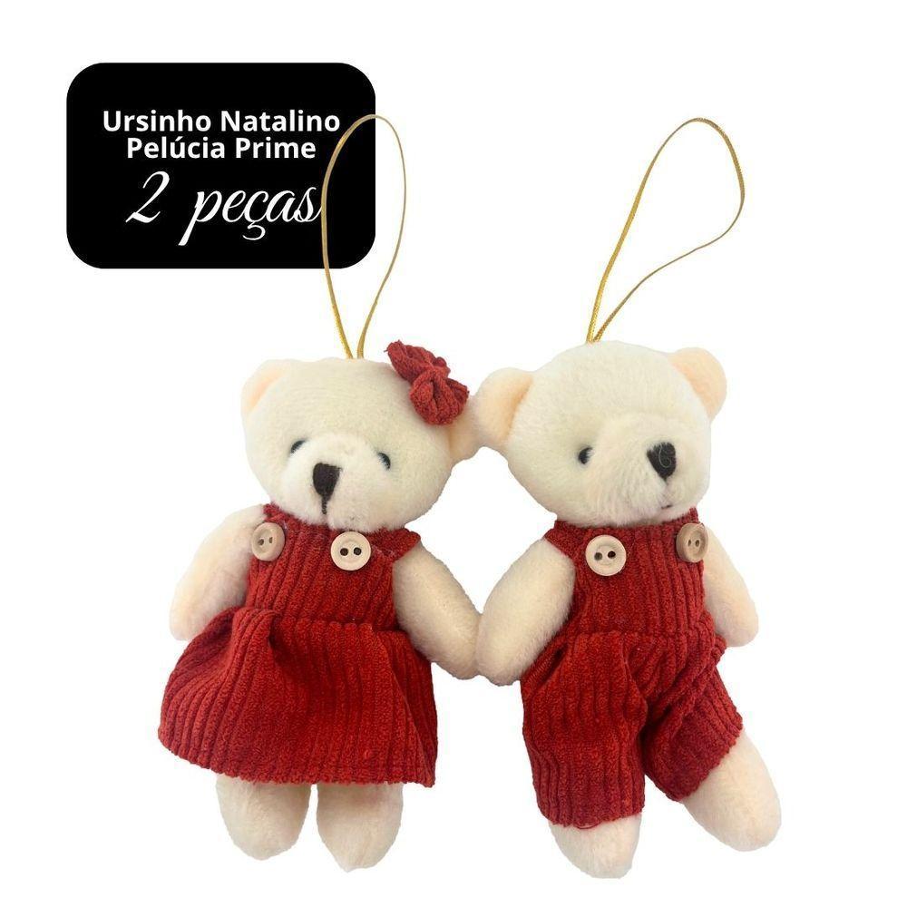 Jogo 2 Ursinhos Decorativos Natal Pelúcia Creme Casal Roupa Veludo Canelado Terracota 12cm - 7