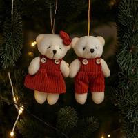 Jogo 2 Ursinhos Decorativos Natal Pelúcia Creme Casal Roupa Veludo Canelado Terracota 12cm - 2