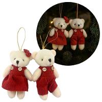 Jogo 2 Ursinhos Decorativos Natal Pelúcia Creme Casal Roupa Veludo Canelado Terracota 12cm - 3