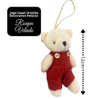 Jogo 2 Ursinhos Decorativos Natal Pelúcia Creme Casal Roupa Veludo Canelado Terracota 12cm