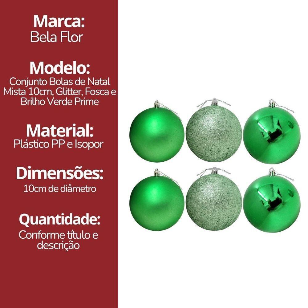 Conjunto 6 Bolas De Natal Verde Prime Texturas Mistas 10cm Glitter, Brilho E Fosca - 6