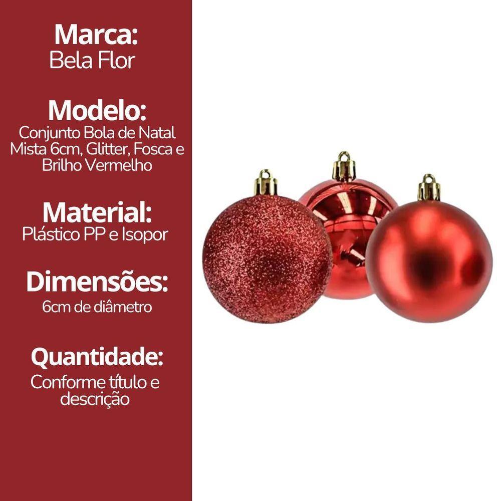 Conjunto 6 Bolas De Natal Vermelho Prime Tradicional Misto Glitter, Brilho E Fosca 6cm - 2