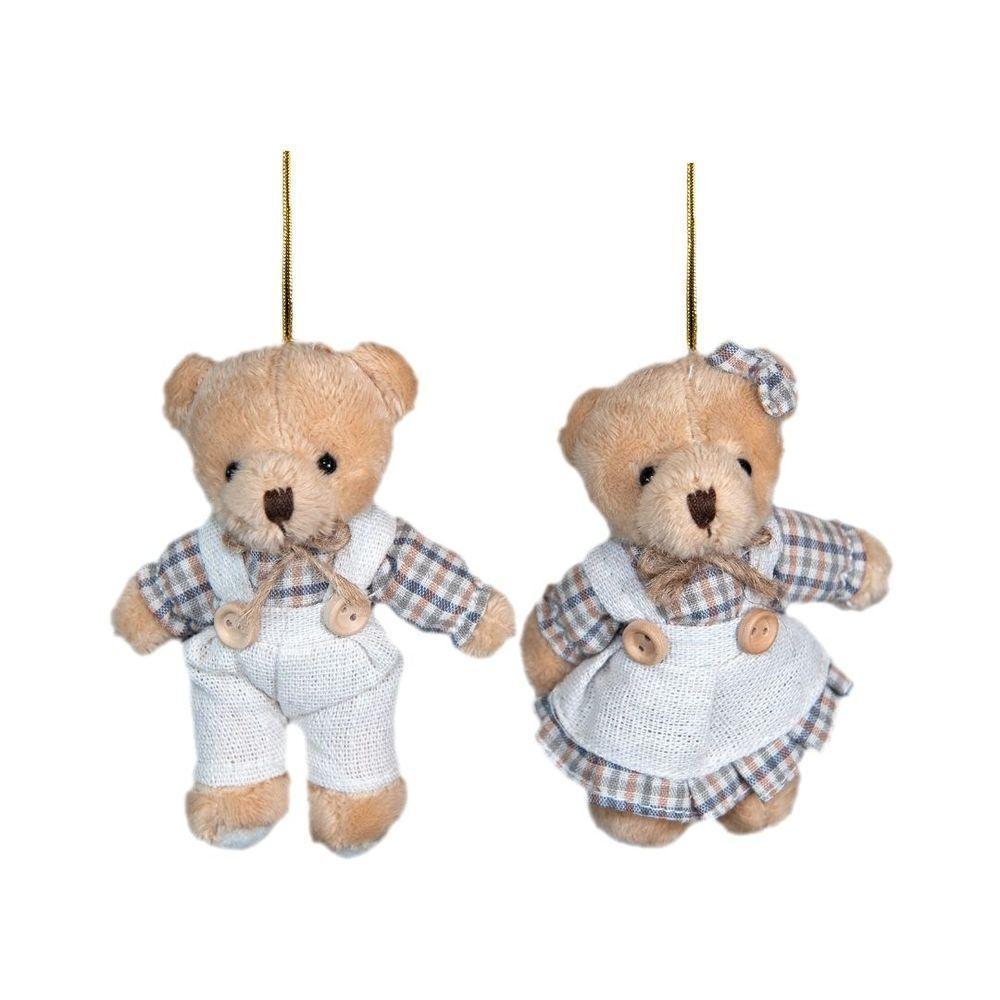 Jogo 2 Ursinhos Decorativos Natal Pelúcia Bege Casal Roupa Linho Xadrez Rústico 13cm - 1