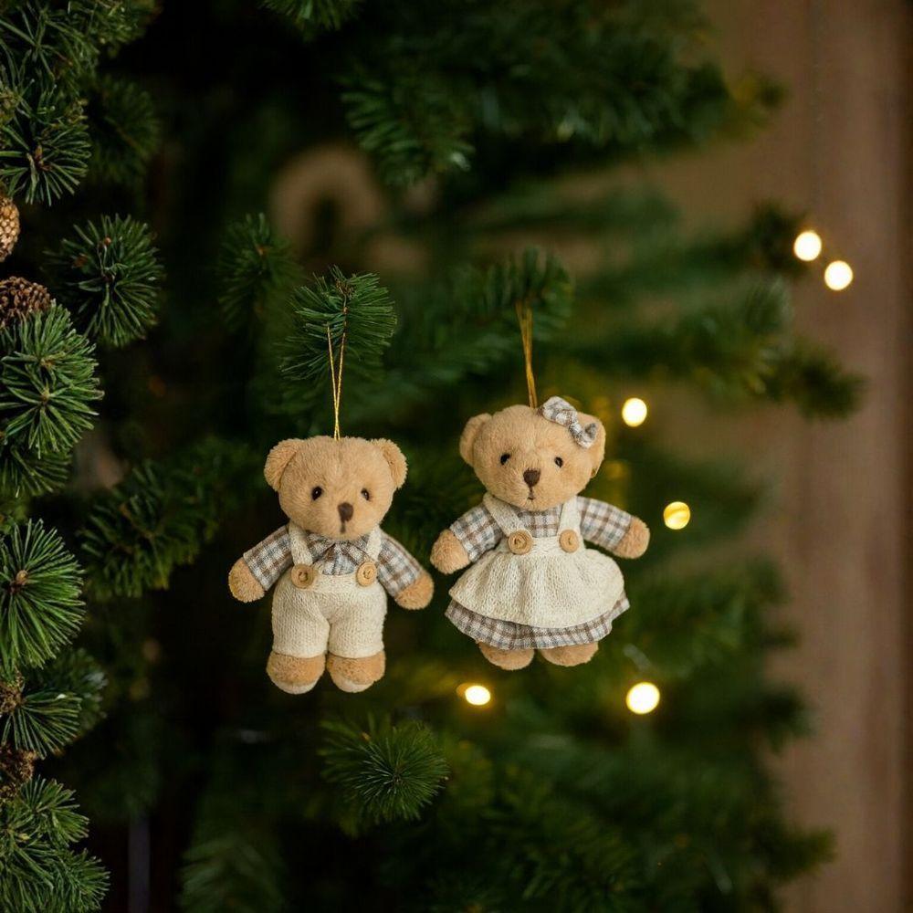 Jogo 2 Ursinhos Decorativos Natal Pelúcia Bege Casal Roupa Linho Xadrez Rústico 13cm - 2