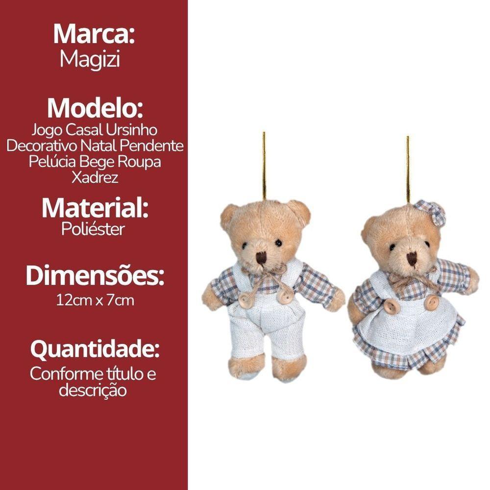 Jogo 2 Ursinhos Decorativos Natal Pelúcia Bege Casal Roupa Linho Xadrez Rústico 13cm - 3