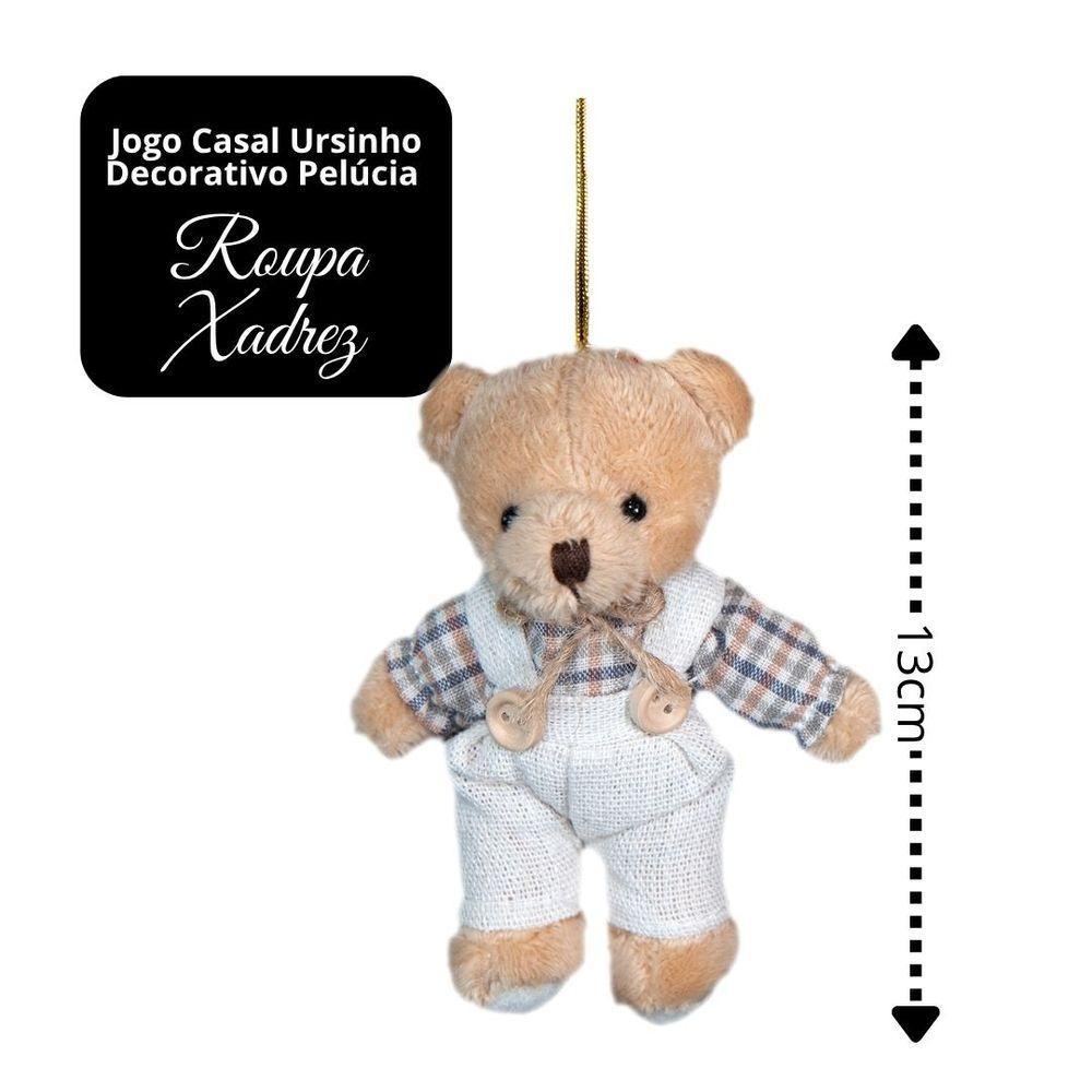 Jogo 2 Ursinhos Decorativos Natal Pelúcia Bege Casal Roupa Linho Xadrez Rústico 13cm - 4