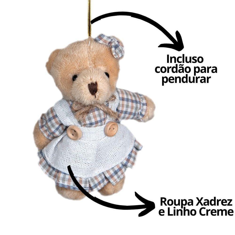 Jogo 2 Ursinhos Decorativos Natal Pelúcia Bege Casal Roupa Linho Xadrez Rústico 13cm - 5