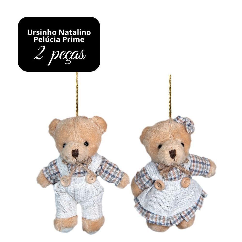 Jogo 2 Ursinhos Decorativos Natal Pelúcia Bege Casal Roupa Linho Xadrez Rústico 13cm - 6
