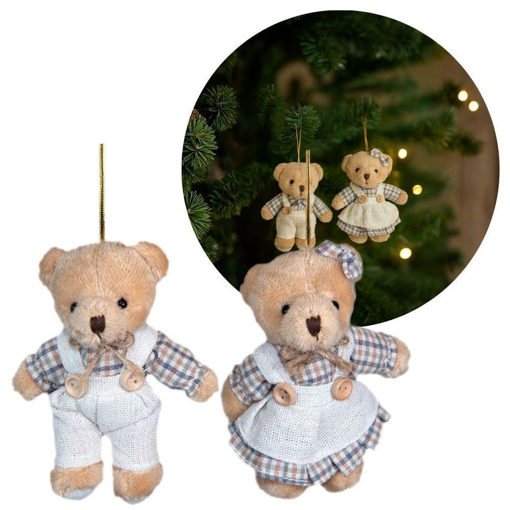Jogo 2 Ursinhos Decorativos Natal Pelúcia Bege Casal Roupa Linho Xadrez Rústico 13cm - 7