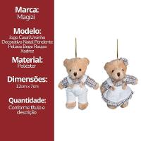Jogo 2 Ursinhos Decorativos Natal Pelúcia Bege Casal Roupa Linho Xadrez Rústico 13cm - 3