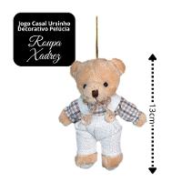 Jogo 2 Ursinhos Decorativos Natal Pelúcia Bege Casal Roupa Linho Xadrez Rústico 13cm