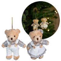 Jogo 2 Ursinhos Decorativos Natal Pelúcia Bege Casal Roupa Linho Xadrez Rústico 13cm - 7