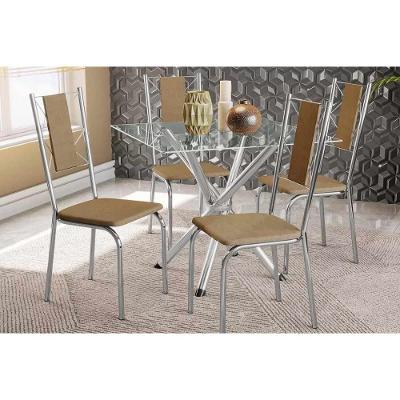 Conjunto: Mesa Sala Jantar Volga C- Tampo De Vidro 90cm E 4 Cadeiras Lisboa Cromada - Capuccino - Kappesberg