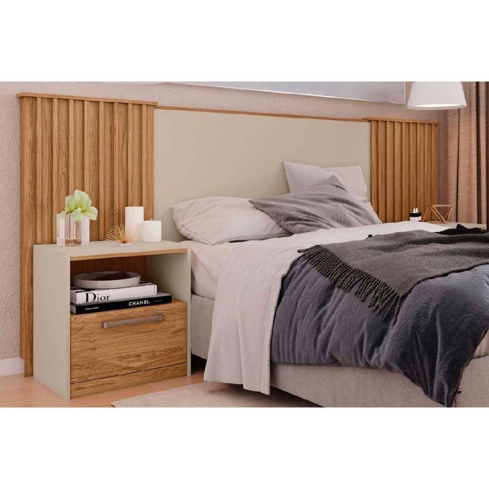 Painel Cama Box Madeirado Extensível Casal-queen-king Lucius 2 Mesas C- 1 Gaveta Freijo-off White - Caemmun - 1