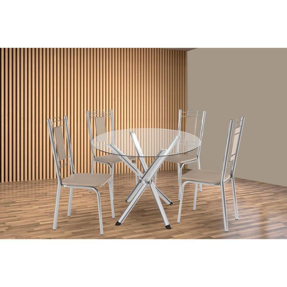 Conjunto: Mesa Sala Jantar Volga C- Tampo De Vidro 95cm E 4 Cadeiras Florença Cromada - Courano Bege - Kappesberg - 1