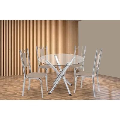 Conjunto: Mesa Sala Jantar Volga C- Tampo De Vidro 95cm E 4 Cadeiras Florença Cromada - Courano Bege - Kappesberg