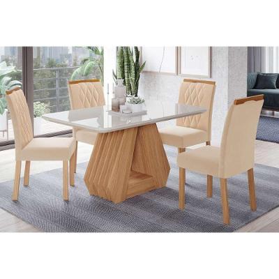 Conjunto: Mesa De Cozinha ágata Tampo Madeirado C- Vidro 130x80cm E 4 Cadeiras Juliana Madeirado-suede Nude Bege - Cimol