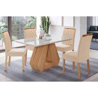 Conjunto: Mesa De Cozinha ágata Tampo Madeirado C- Vidro 130x80cm E 4 Cadeiras Juliana Madeirado-suede Nude Bege - Cimol - 1
