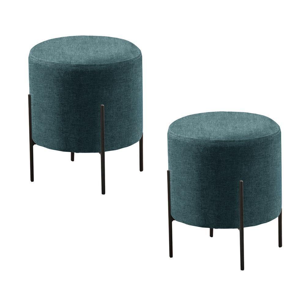 Conjunto - 2 Puffs Banqueta Odim Base Metálica Preta Luxo Linho Azul - 1