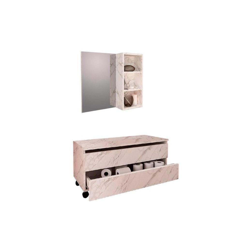 Armário C- Balcão Banheiro Rodizios Bn3603 S- Cuba 80cm E Espelho Bn3609 Mármore Branco - Tecno Mobili - 1