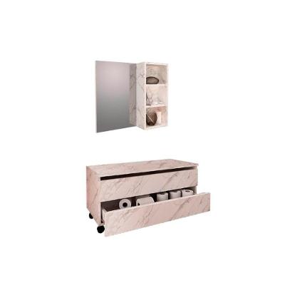 Armário C- Balcão Banheiro Rodizios Bn3603 S- Cuba 80cm E Espelho Bn3609 Mármore Branco - Tecno Mobili