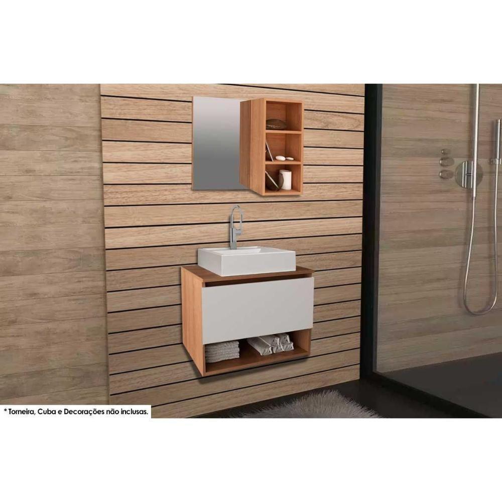 Armário C- Balcão Banheiro Suspenso Bn3606 S- Cuba 60cm E Espelho Bn3609 Amêndoa-branco - Tecno Mobili - 1