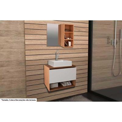 Armário C- Balcão Banheiro Suspenso Bn3606 S- Cuba 60cm E Espelho Bn3609 Amêndoa-branco - Tecno Mobili
