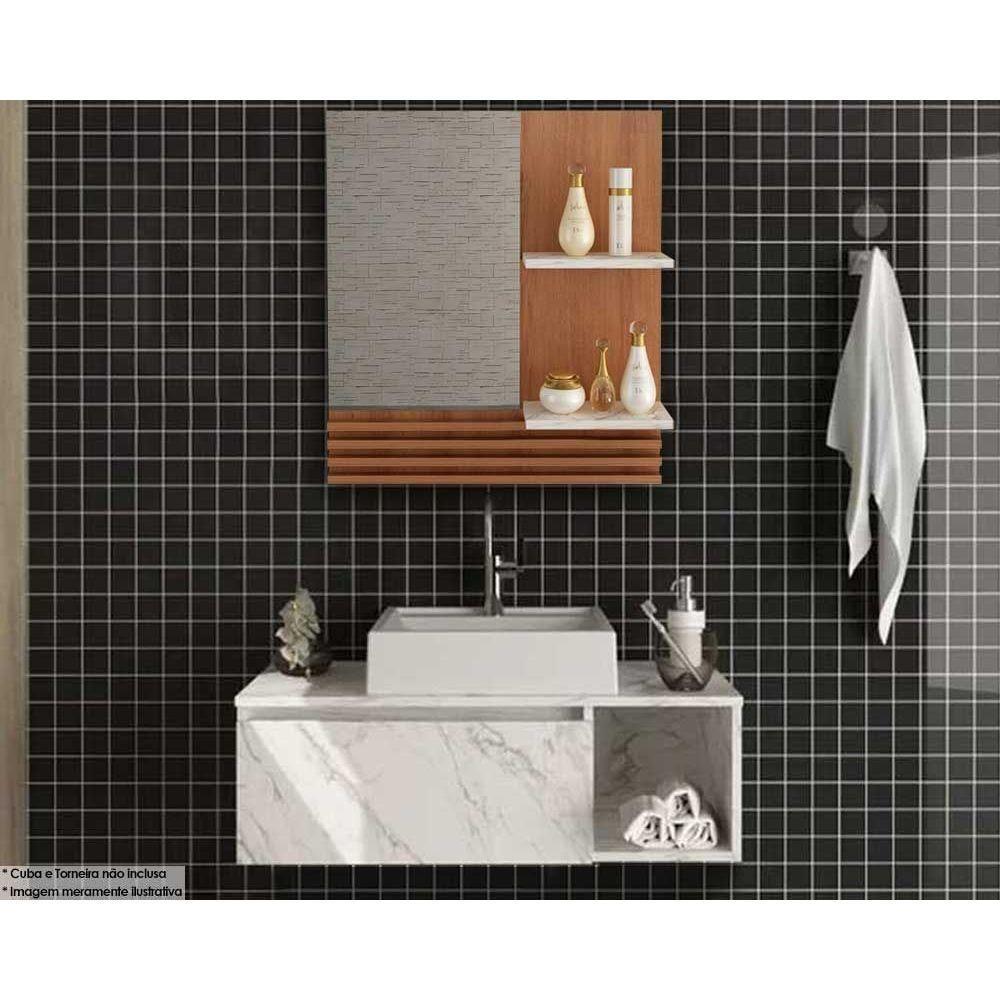 Armário C- Balcão Banheiro Suspenso Bn3601 S- Cuba 80cm E Espelho Bn3614 60cm Amendoa-marmore Branco - Tecno Mobili - 1