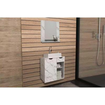 Armário C- Balcão Banheiro Suspenso Bn3605 Cuba 60cm Bn3600 E Espelho Bn3610 Mármore Branco - Tecno Mobili