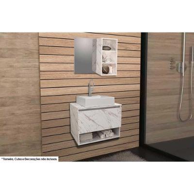 Armário C- Balcão Banheiro Suspenso Bn3606 S- Cuba 60cm E Espelho Bn3609 Mármore Branco - Tecno Mobili