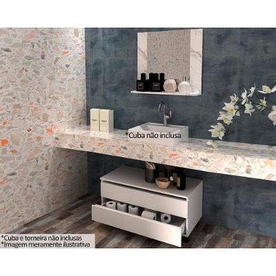 Armário C- Balcão Banheiro Rodizios Bn3603 S- Cuba 80cm E Espelho Bn3610 Mármore Branco - Tecno Mobili