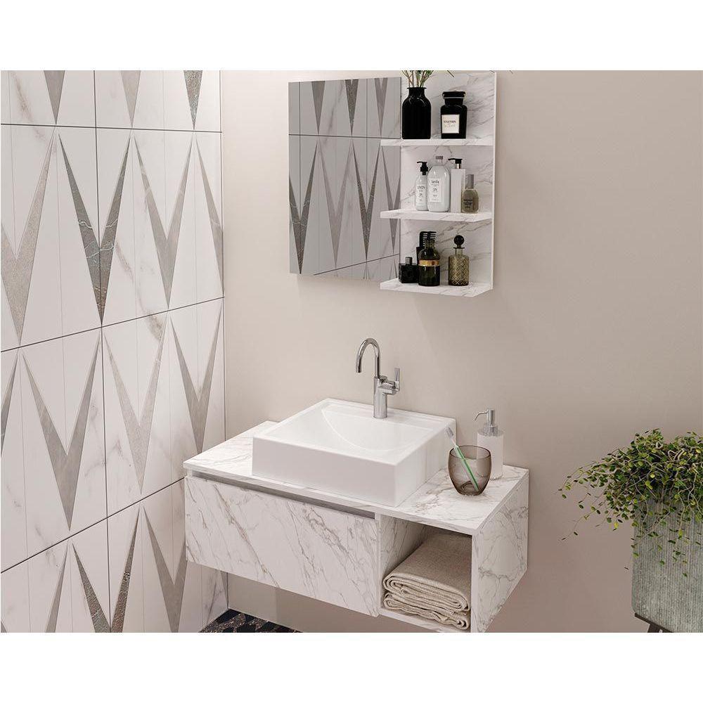 Armário C- Balcão Banheiro Suspenso Bn3601 S- Cuba 80cm E Espelho Bn3608 Mármore Branco - Tecno Mobili - 1