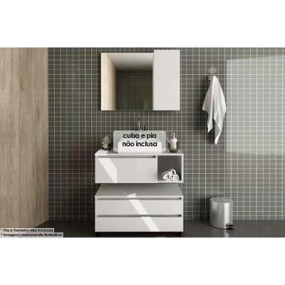 Armário C- Balcão Banheiro Suspenso Bn3601 + Rodizios Bn3603 S- Cuba 80cm E Espelho Bn3602 Branco - Tecno Mobili