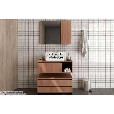 Armário C- Balcão Banheiro Suspenso Bn3601 + Rodizios Bn3603 S- Cuba 80cm E Espelho Bn3602 Amêndoa - Tecno Mobili