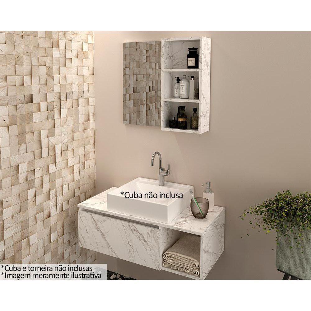 Armário C- Balcão Banheiro Suspenso Bn3601 S- Cuba 80cm E Espelho Bn3609 Mármore Branco - Tecno Mobili - 1