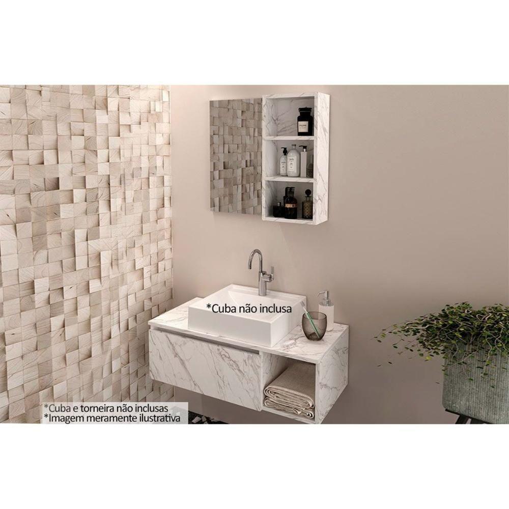 Armário C- Balcão Banheiro Suspenso Bn3601 S- Cuba 80cm E Espelho Bn3610 Mármore Branco - Tecno Mobili - 1