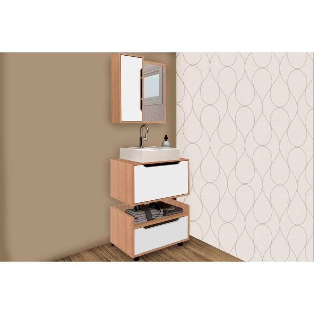 Armário C- Balcão Banheiro Suspenso Bn3646 E C- Rodízios Bn3647 60cm E Espelho Bn3648 60cm Amêndoa-branco - Tecno Mobili - 1