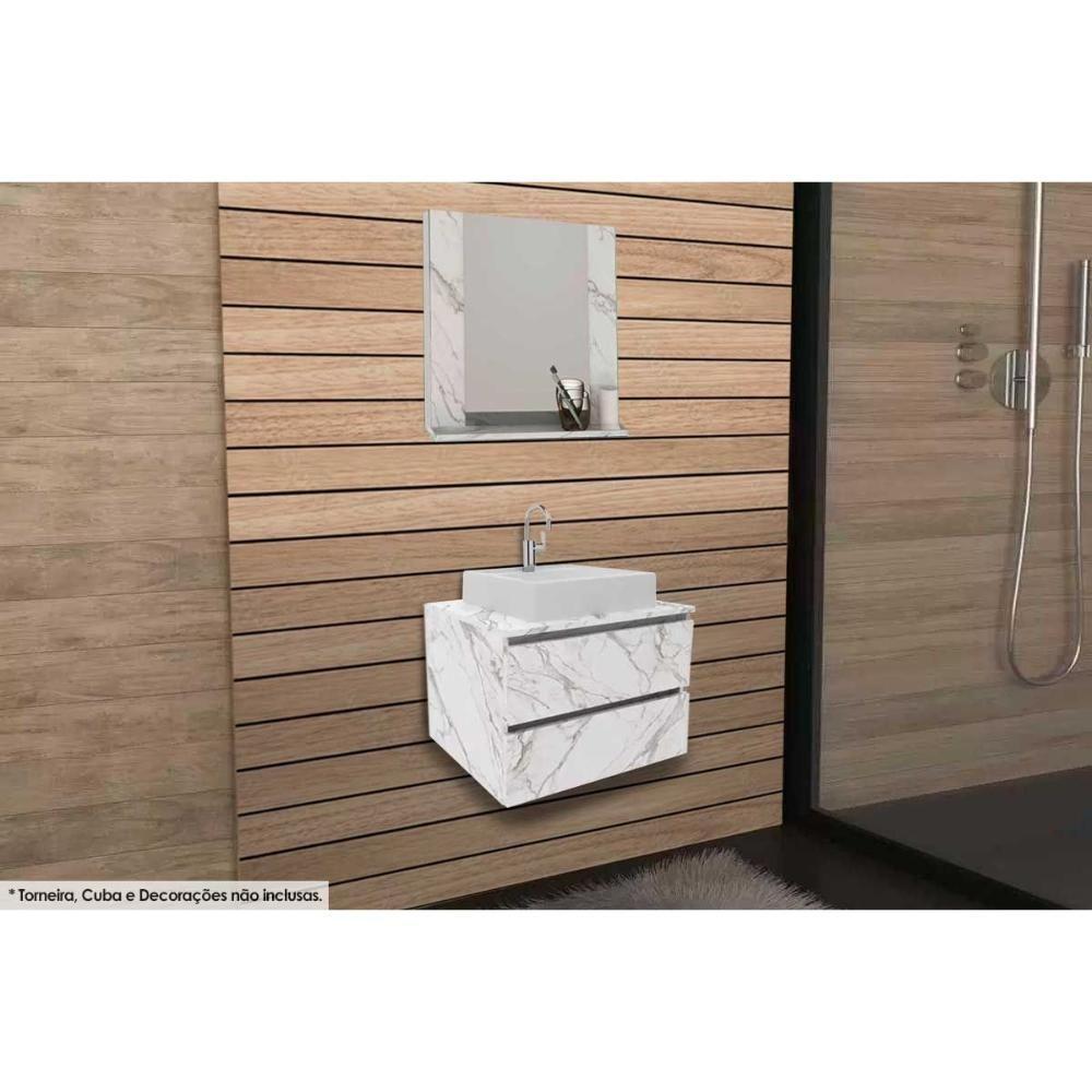 Armário C- Balcão Banheiro Suspenso Bn3607 S- Cuba 60cm E Espelho Bn3610 Mármore Branco - Tecno Mobili - 1